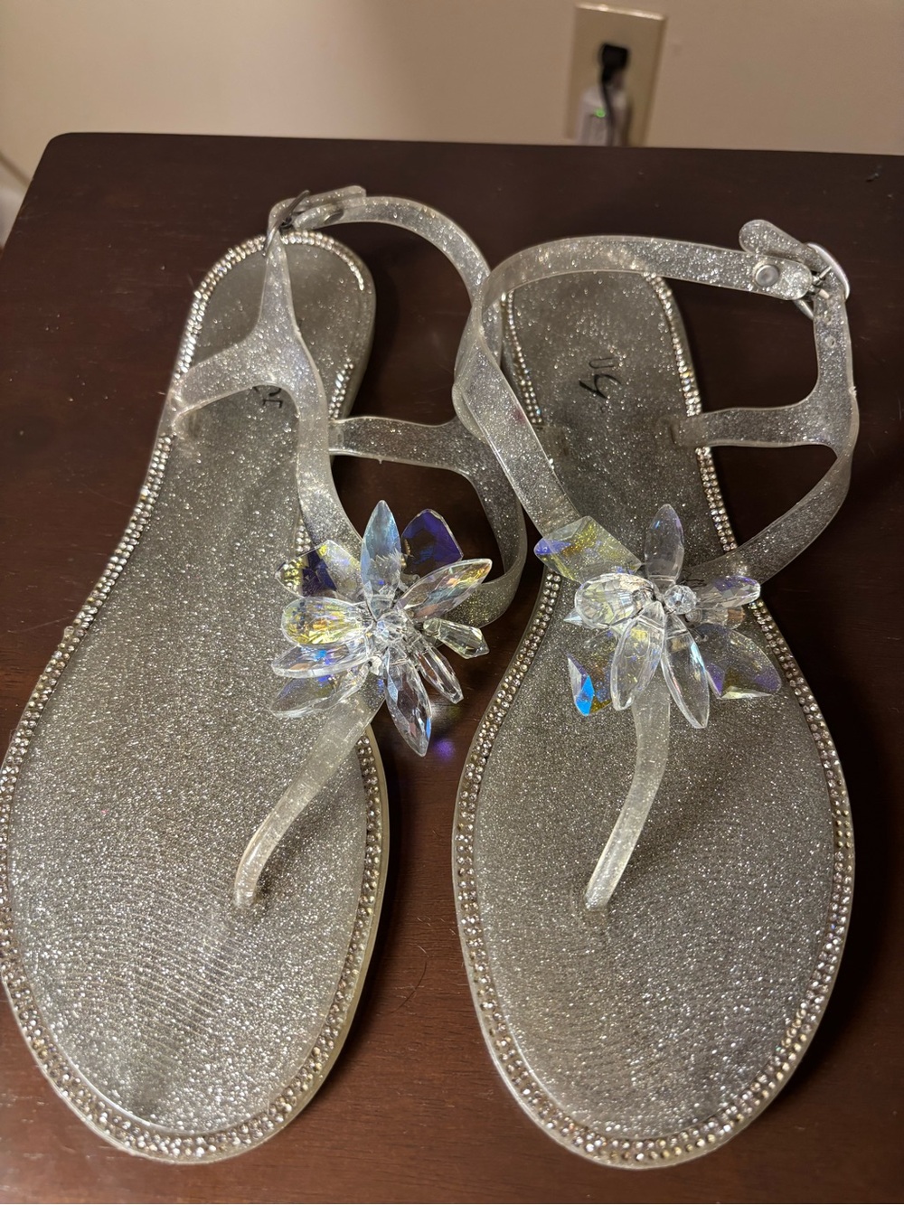 Silver Glitter Jelly Sandals Crystal Flower Rhinestone Women’s 9.5
